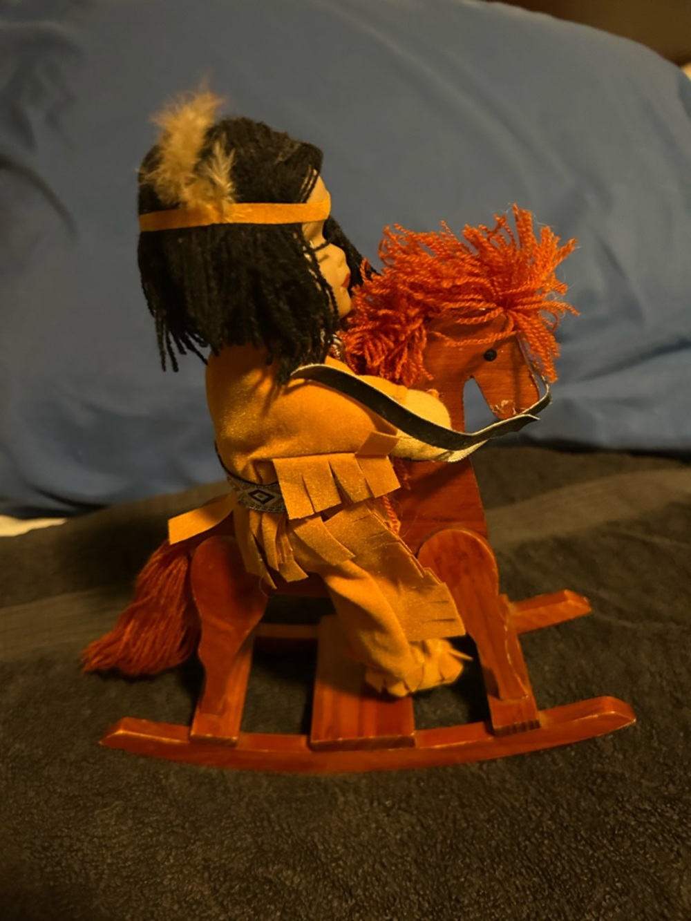 Vintage Orange Fabric Rocking Horse Toy with Dressed Doll Rider